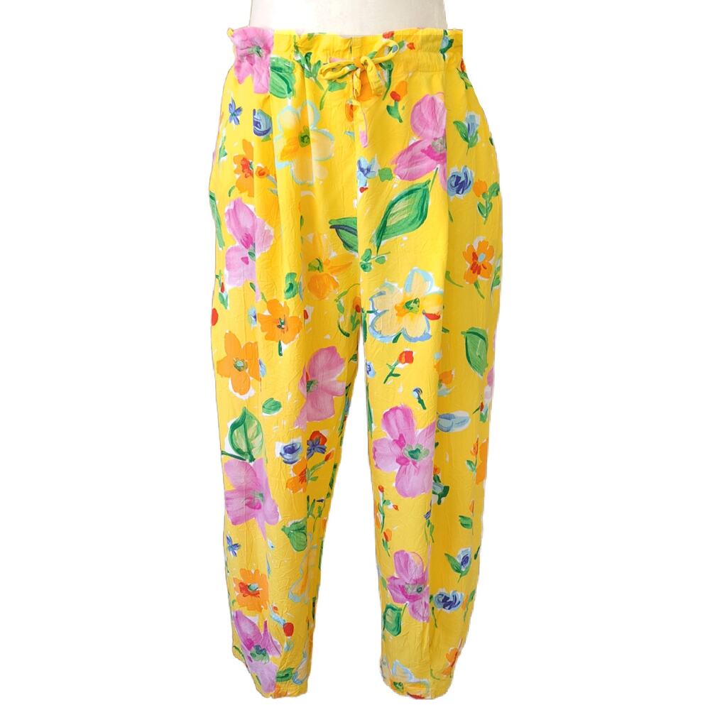 Vintage JAMS WORLD Cropped Beach Pant Capri Yellow Floral Large Rayon y2k 90s